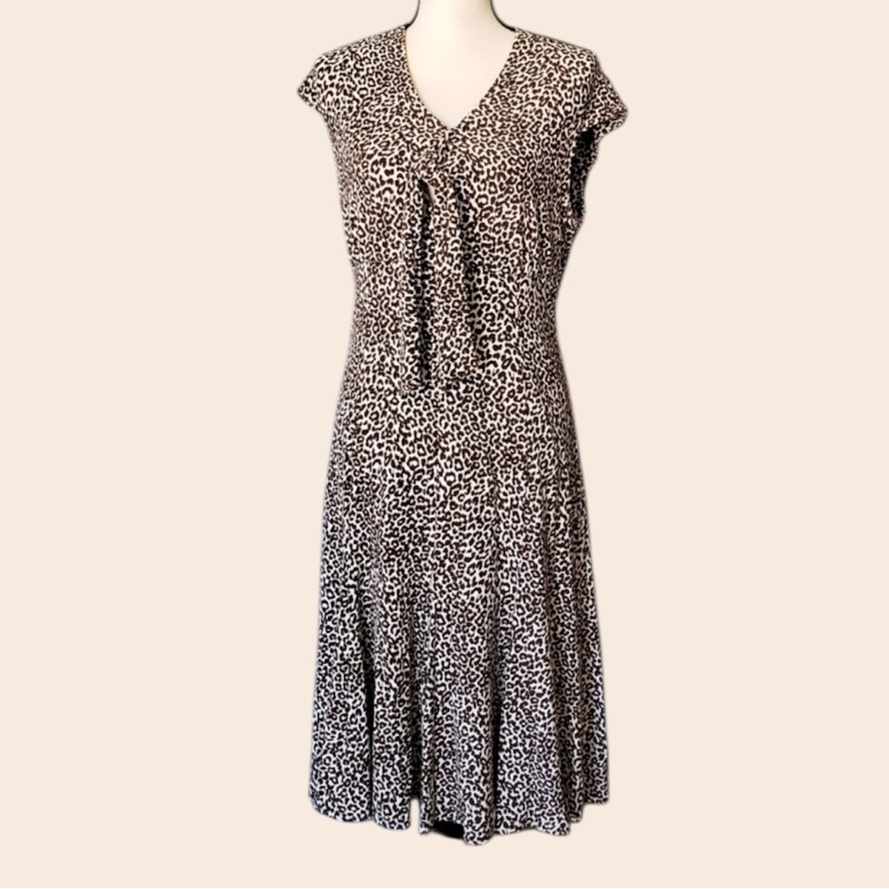 Talbots Bow Tie Cream and Brown Leopard Print Midi Dress‎ Size 8 Petite